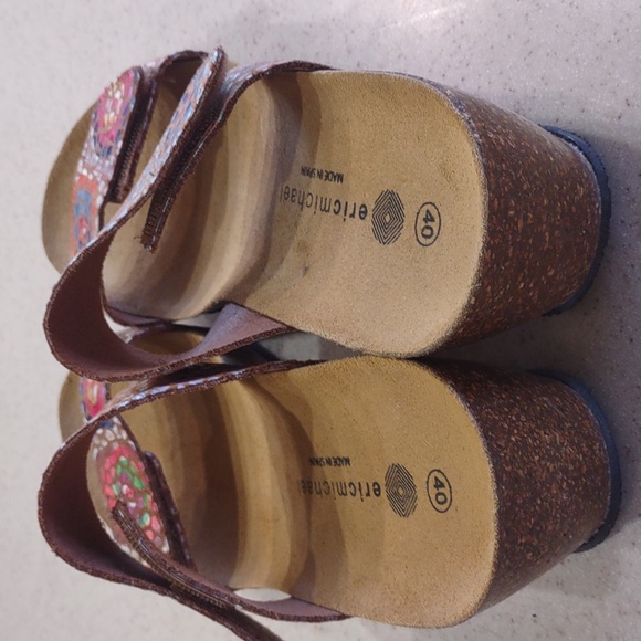 Eric Michael Liat Tan Mosaic Leather Wedge Dual Strap Slide Sandal Size 40/9 EUC - Picture 6 of 10